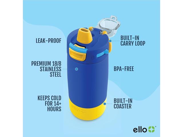 Ello Kids Colby 12oz Stainless Steel Insulated Water Bottle with Straw and Built-In Silicone Coaster Carrying Handle and Leak-Proof Locking Lid for...