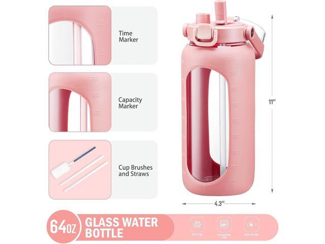BLUEGO 64oz Glass Water Bottles with Straw Time Marker Half Gallon Large Motivational Water Bottle with Silicone Sleeve 2 Liter Large Glass Water...