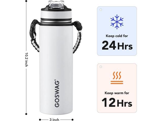 GOSWAG Insulated Sports Water Bottle, 24oz 2 Lids(with Straw/No Straw), Stainless Steel Water Bottles with Paracord Handle, Insulated Thermos with...