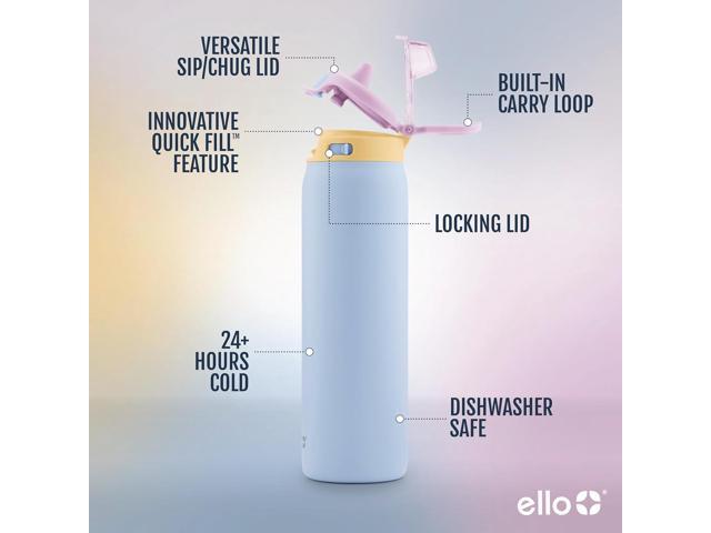 Ello Pop & Fill Stainless Steel Water Bottle with Quick Fill Technology, Double Walled Vacuum Insulated Metal, Leak Proof Locking Lid, Sip & Chug,...