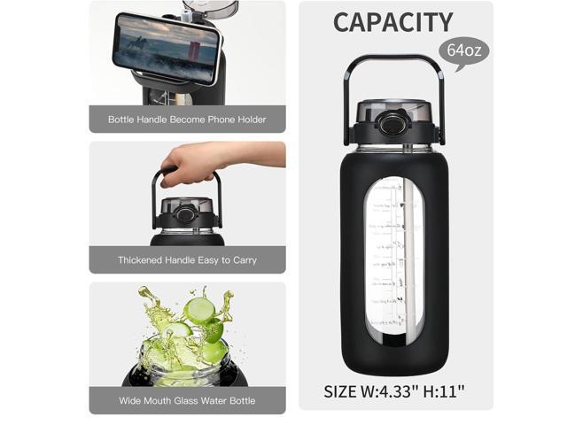 64oz Glass Water Bolttles with Straw Half Gallon Large Motivational Water Bottle with Time Marker Sports Water Bottles with Silicone Sleeve and...