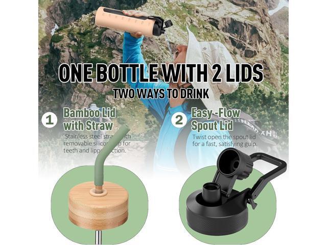 Glass Water Bottle with Straw, 24oz Glass Drinking Bottle with 2 Lids-Bamboo and Spout Lid with Phone Holder Handle for Gym Sports,with Silicone...