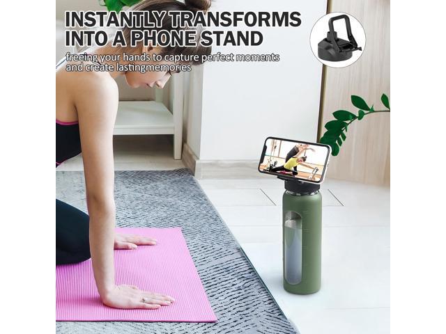 Glass Water Bottle with Straw, 24oz Glass Drinking Bottle with 2 Lids-Bamboo and Spout Lid with Phone Holder Handle for Gym Sports,with Silicone...