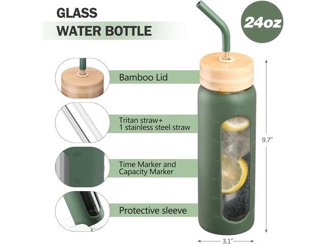 Glass Water Bottle with Straw, 24oz Glass Drinking Bottle with 2 Lids-Bamboo and Spout Lid with Phone Holder Handle for Gym Sports,with Silicone...