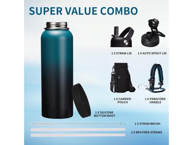 32 40 64OZ Insulated Water Bottle - Keep Cold 48H Hot 24H, Combo Straw & Spout Lids, Survival Paracord Handle, Bottle Carrier Bag w/Strap,...
