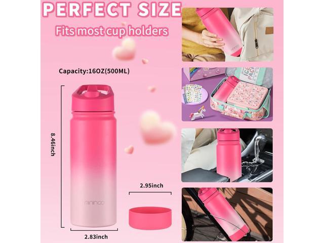 Mininoo Kids Water Bottle for School, 16oz Stainless Steel Insulated Water Bottle Kids with Straw Lid for Girls, Boys (Sweat Peach)