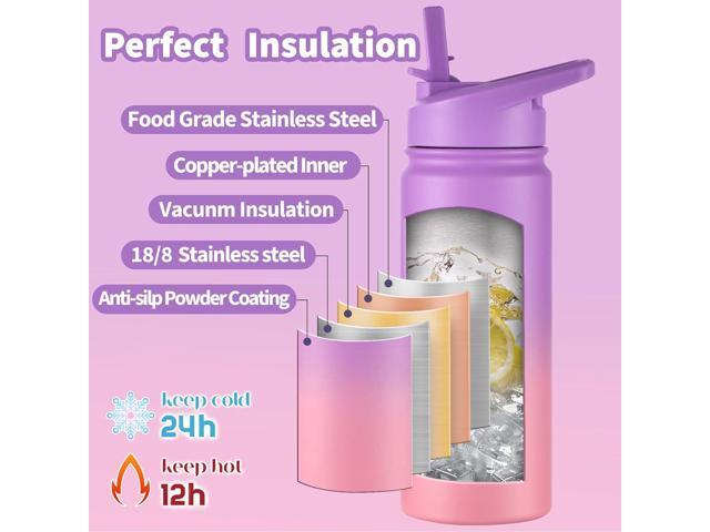 Mininoo Insulated Kids Water Bottle, 16oz Stainless Steel Water Bottle Kids with Paracord Handle for Girls, BoysPurple/Pink
