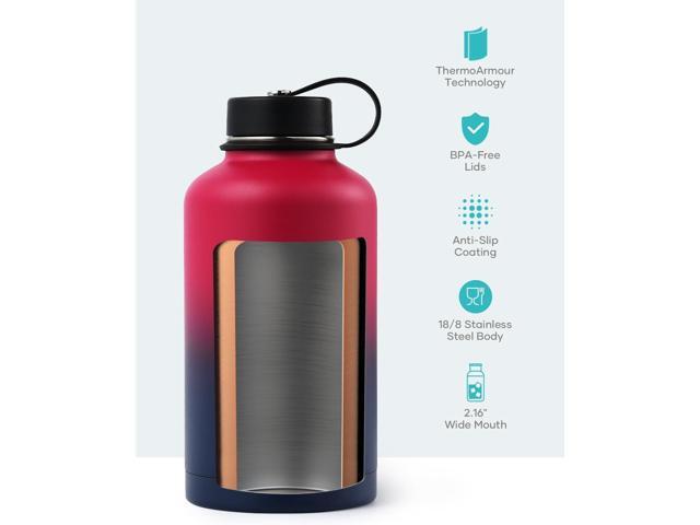 BUZIO 64oz Insulated Water Bottle Stainless Steel Double Wall Leak Proof Half Gallon with Straw Lid and Flex Cap (Cold for 48 Hrs) Sports Flask...