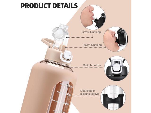 64 oz Glass Water Bolttles with Straw Half Gallon Large Motivational Water Bottle with Time Marker Sports Water Bottles with Silicone Sleeve and...