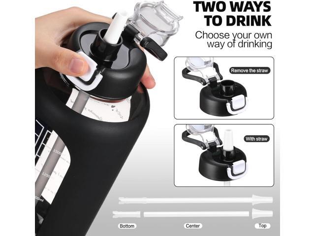 64 oz Glass Water Bolttles with Straw Half Gallon Large Motivational Water Bottle with Time Marker Sports Water Bottles with Silicone Sleeve and...