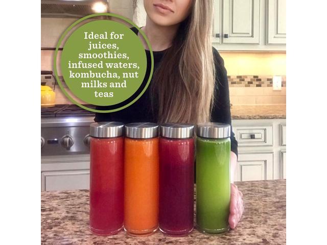 Juice Bottles - 4 Pack Wide Mouth Glass Bottles with Lids - for Juicing, Smoothies, Infused Water, Beverage Storage - 16oz, BPA Free, Stainless...