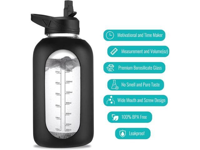 64 oz Glass Water Bottle With Straw and Handle, Half Gallon Sports Motivational Water Jug Flask with Silicone Sleeve, Large Water Cup with Time...