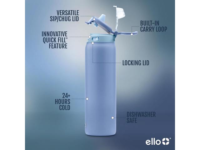 Ello Pop & Fill Stainless Steel Water Bottle with Quick Fill Technology, Double Walled Vacuum Insulated Metal, Leak Proof Locking Lid, Sip & Chug,...