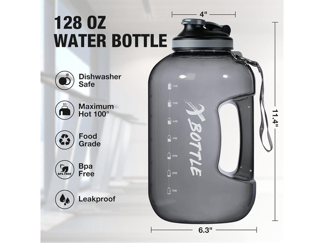 1 Gallon Water Bottle with Chug lid, BPA Free Dishwasher Safe 128oz Large Water Bottle with Motivational Time Marker and Handle Leak-proof Big...