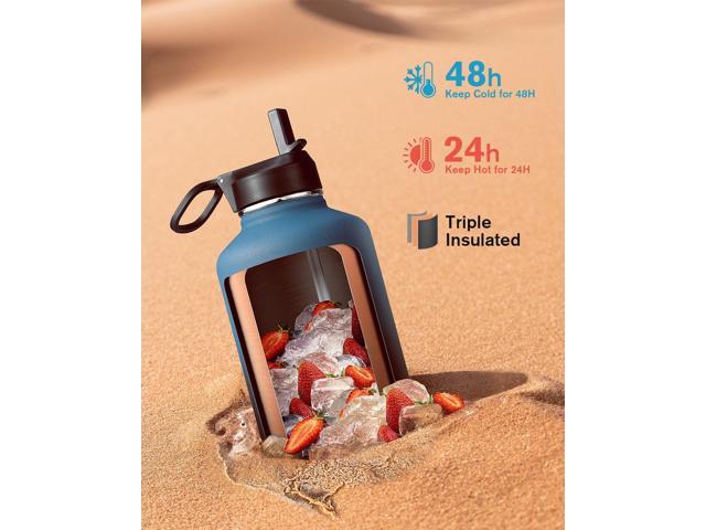 Half Gallon Water Bottle Insulated with Straw & 3 Lids, Coolflask 64 oz Water Jug Large Metal Stainless Steel Wide Mouth for Sports, Gym or Office,...