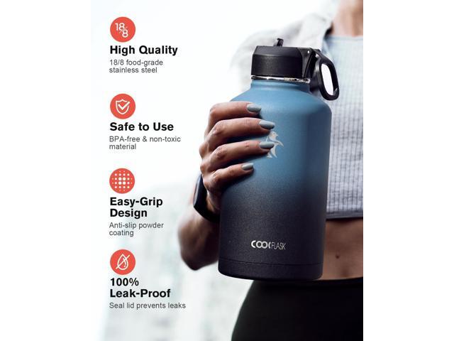 Half Gallon Water Bottle Insulated with Straw & 3 Lids, Coolflask 64 oz Water Jug Large Metal Stainless Steel Wide Mouth for Sports, Gym or Office,...