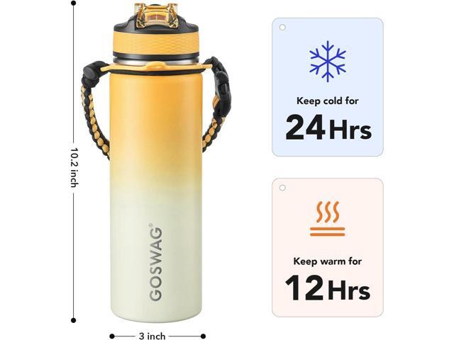 GOSWAG Insulated Sports Water Bottle, 24oz 2 Lids(with Straw/No Straw), Stainless Steel Water Bottles with Paracord Handle, Insulated Thermos with...