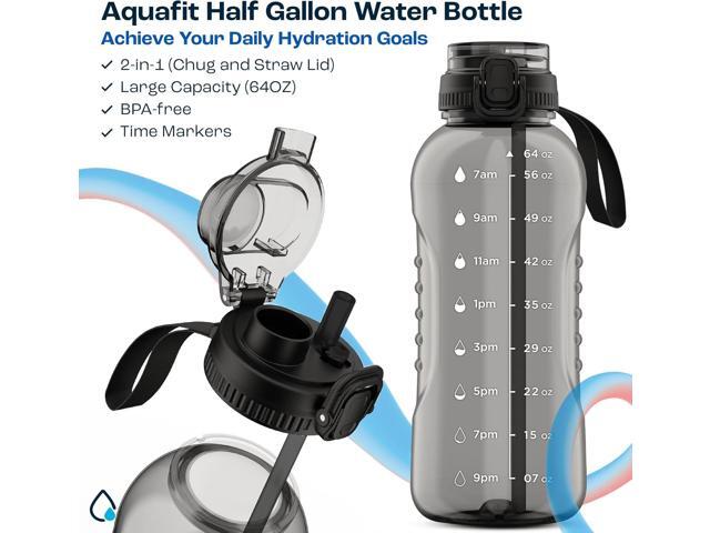 AQUAFIT 64 oz Water Bottle with Time Marker - 2in1 Straw & Chug Lid - BPA Free Big Water Bottle with Straw - Gym Water Bottle with Strap - Water...