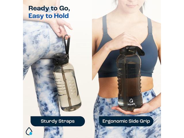 AQUAFIT 64 oz Water Bottle with Time Marker - 2in1 Straw & Chug Lid - BPA Free Big Water Bottle with Straw - Gym Water Bottle with Strap - Water...