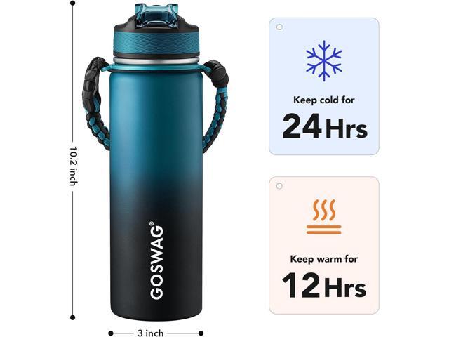 GOSWAG Insulated Sports Water Bottle, 24oz 2 Lids(with Straw/No Straw), Stainless Steel Water Bottles with Paracord Handle, Insulated Bottle with...