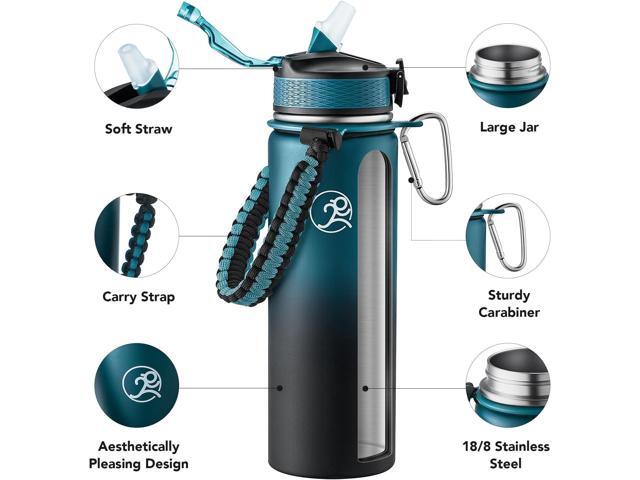GOSWAG Insulated Sports Water Bottle, 24oz 2 Lids(with Straw/No Straw), Stainless Steel Water Bottles with Paracord Handle, Insulated Bottle with...