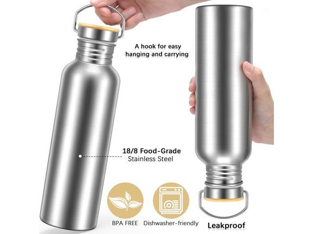 4 Pieces Camping Water Bottle Stainless Steel Large Metal Water Bottle with Handle and Bamboo Lid Leakproof Lightweight Single Wall Stainless Steel...