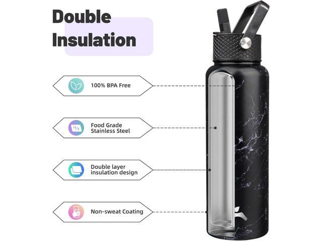 40oz Insulated Water Bottle Stainless Steel Sport Bottles with 3 Lids,Marble Midnight