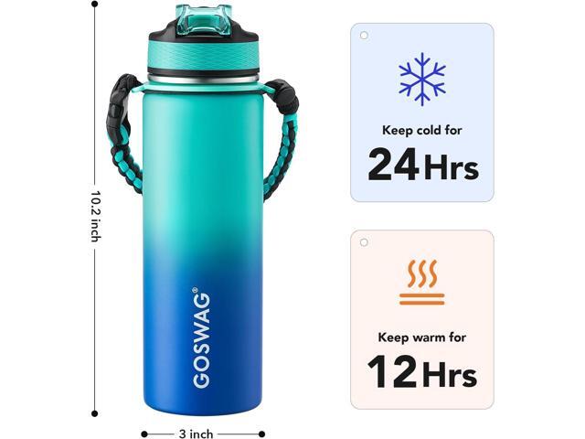 GOSWAG Insulated Sports Water Bottle, 24oz 2 Lids(with Straw/No Straw), Stainless Steel Water Bottles with Paracord Handle, Insulated Thermos with...