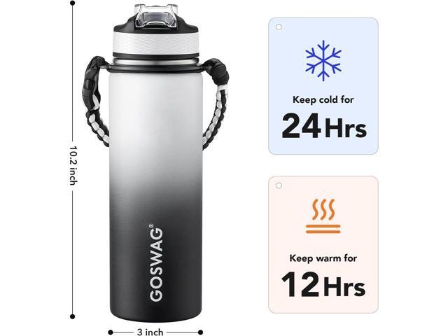 GOSWAG Insulated Sports Water Bottle, 24oz 2 Lids(with Straw/No Straw), Stainless Steel Water Bottles with Paracord Handle, Insulated Thermos with...