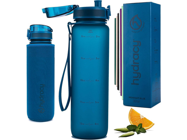 Hydracy Water Bottle with Time Marker -Large BPA Free Water Bottle & No Sweat Sleeve -Leak Proof Gym Bottle with Fruit Infuser Strainer & Times to...