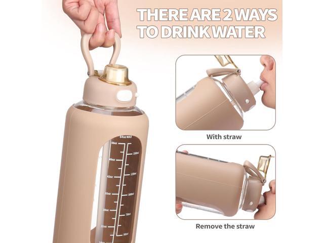 SIEROZUR 64 oz Glass Sports Water Bottle with Straw and Handle, Motivational Time Marker, Leakproof, Gym, Travel