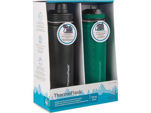 ThermoFlask 24 oz Double Wall Vacuum Insulated Stainless Steel 2-Pack of Water Bottles, Black/Malachite