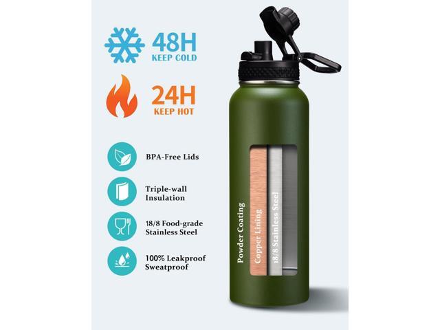 Stainless Steel Sports Water Bottle - 32/40/64 Oz Insulated Water Jug with Straw & Auto Spout Lid, Paracord Handle, Bottle Sleeve, Cold 48H Hot...
