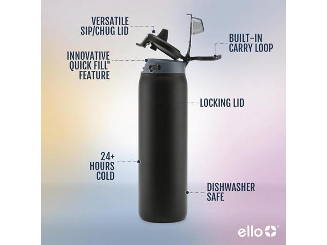 Ello Pop & Fill Stainless Steel Water Bottle with Quick Fill Technology, Double Walled Vacuum Insulated Metal, Leak Proof Locking Lid, Sip & Chug,...