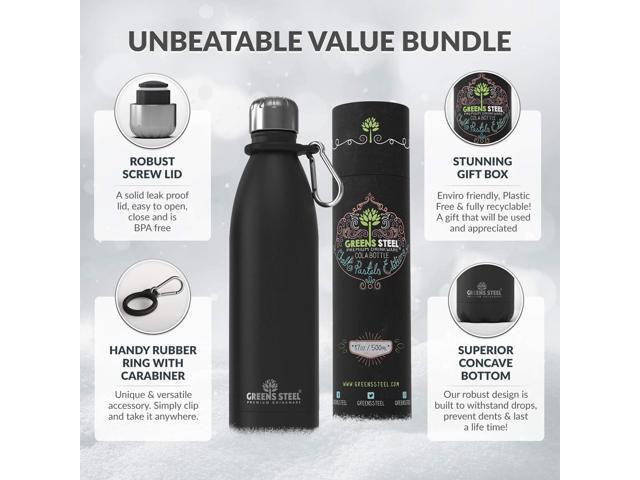 Greens Steel Stainless Steel Water Bottle - 17 oz, Black Vacuum Insulated Double Wall with Screw Lid/Leak Proof Thermal Travel Sports Canteen...