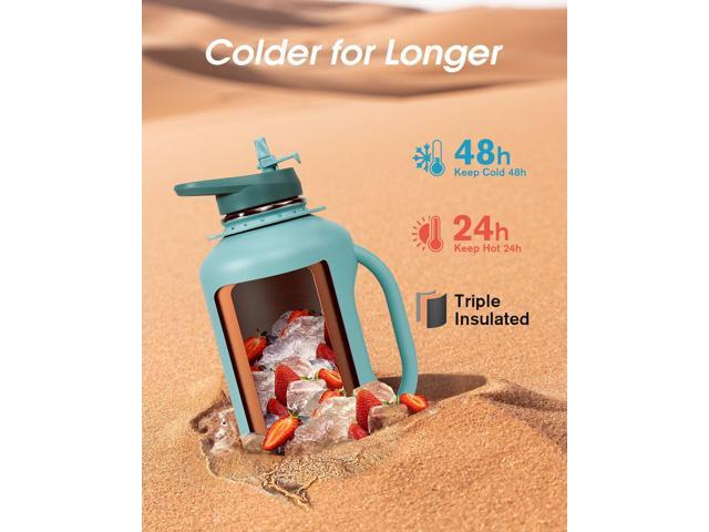 Half Gallon Water Bottle Insulated, Coolflask 64 oz Insulated Stainless Steel Water Jug Metal Double-Walled Vacuum Large Flask With Strap Straw...