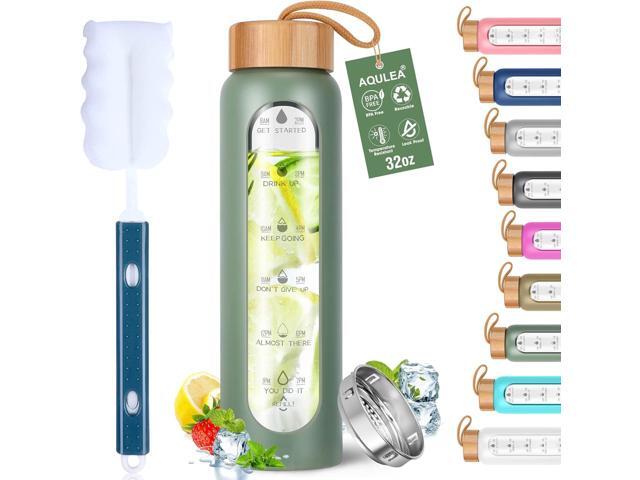 Aqulea Glass Water Bottles 32 Oz with Silicone Sleeve - BPA Free Reusable Wide Mouth Glass Motivational Water Bottles with Fruit Infuser Leak...