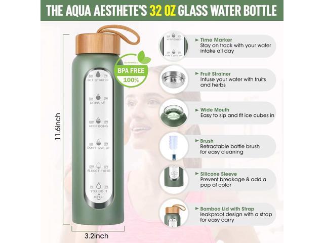 Aqulea Glass Water Bottles 32 Oz with Silicone Sleeve - BPA Free Reusable Wide Mouth Glass Motivational Water Bottles with Fruit Infuser Leak...