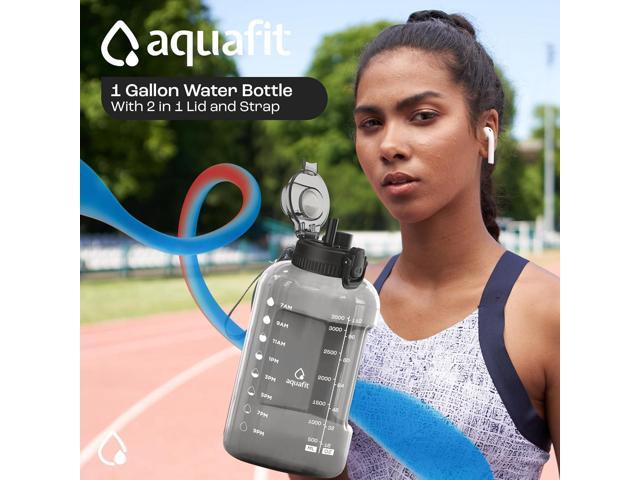 AQUAFIT 1 Gallon Water Bottle with Time Marker - Straw & Chug Lid - BPA Free Gym Water Bottle with Straw - Big Gallon Jug (Gray, 128 oz - 2in1 Lid)