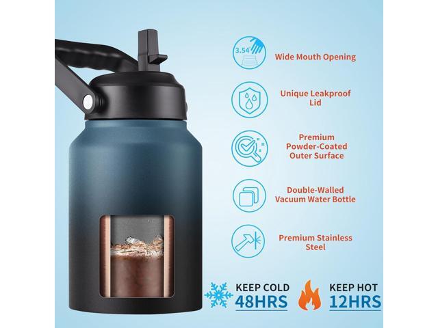 Half Gallon Insulated Water Bottle Jug with Straw, 64 oz Large Stainless Steel Sports Metal Water Flask with Handle, Thermal Water Cup Mug with 2...