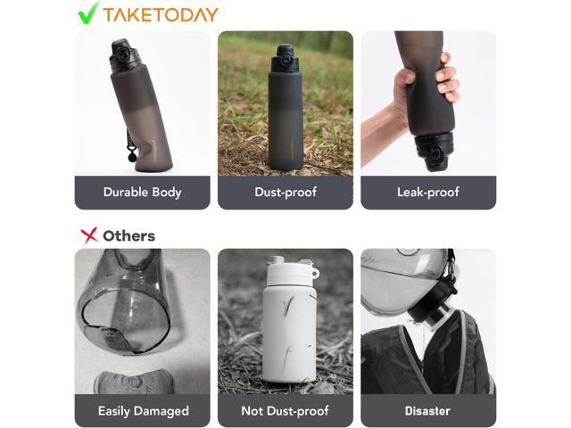 Collapsible 32oz Silicone Water Bottle, Foldable Travel Bottle with Strap, BPA Free, Leakproof for Hiking, International Travel, Outdoors (Black)