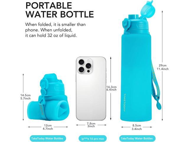 Collapsible 32oz Silicone Water Bottle, Foldable Travel Bottle with Strap, BPA Free, Leakproof for Hiking, International Travel, Outdoors (Black)