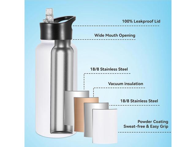 VEGOND 32 oz Insulated Water Bottle Bulk Stainless Steel Metal Water Bottles with Leak Proof Straw Lid & Spout Lid, Wide Mouth Double Walled Vacuum...