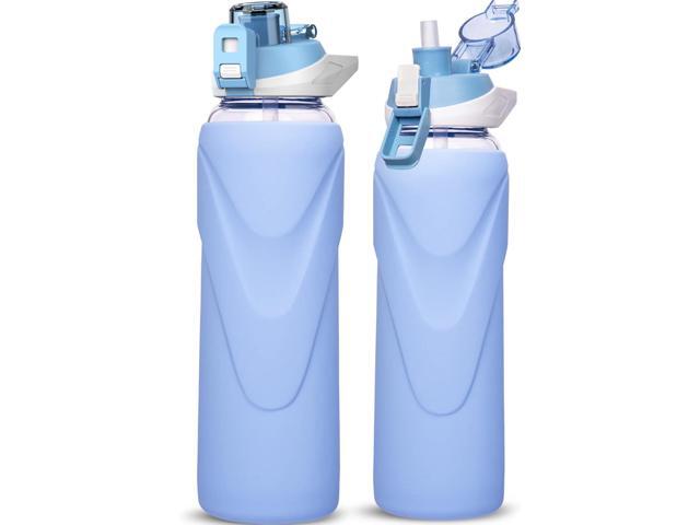 32 oz Sports Glass Water Bottle with Straw & Silicone Sleeve Reusable BPA-free Borosilicate Glass Drinking Bottle with Flip Top Lid & Handle Wide...