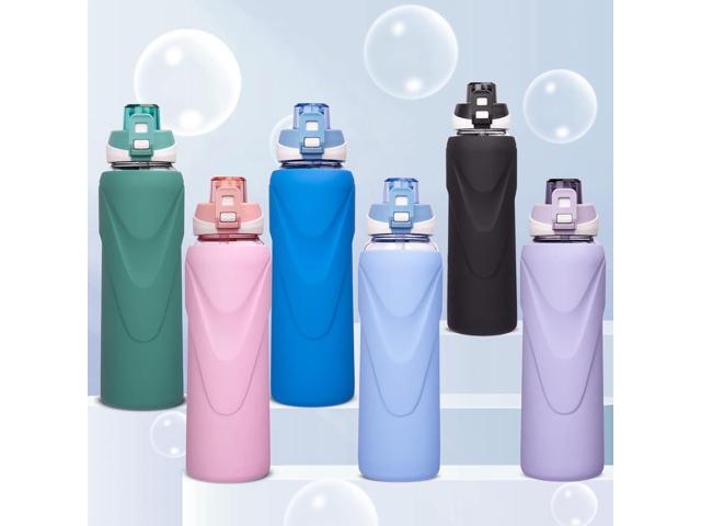 32 oz Sports Glass Water Bottle with Straw & Silicone Sleeve Reusable BPA-free Borosilicate Glass Drinking Bottle with Flip Top Lid & Handle Wide...