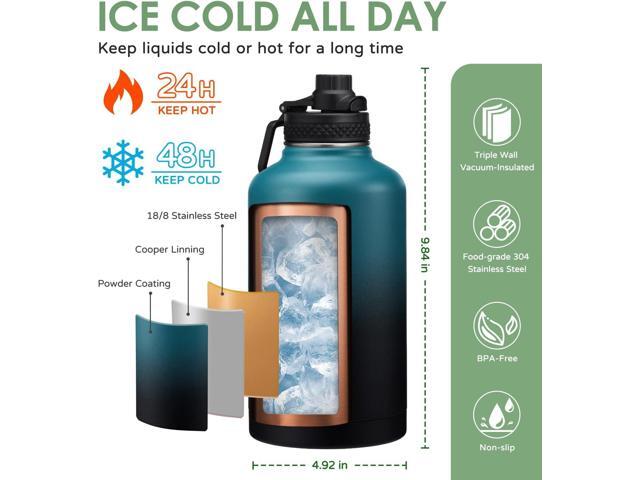 64oz/Half Gallon Insuated Water Bottle, (Keep Cold 48H), Leak Proof Food-Grade Stainless Steel Water Jug With Straw Lid and Atuo Spout Lid,...