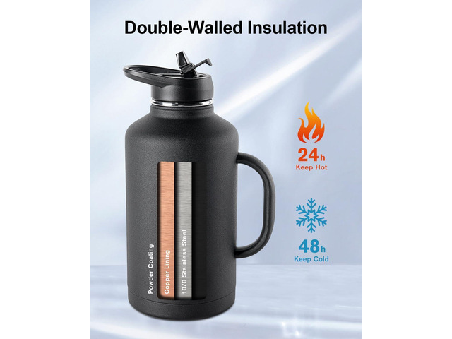 Trebo 64 oz Water Bottle Insulated with Handle, Half Gallon Stainless Steel Metal Large Water Jug, Travel Flask with Straw Spout Lid, Wide Mouth...