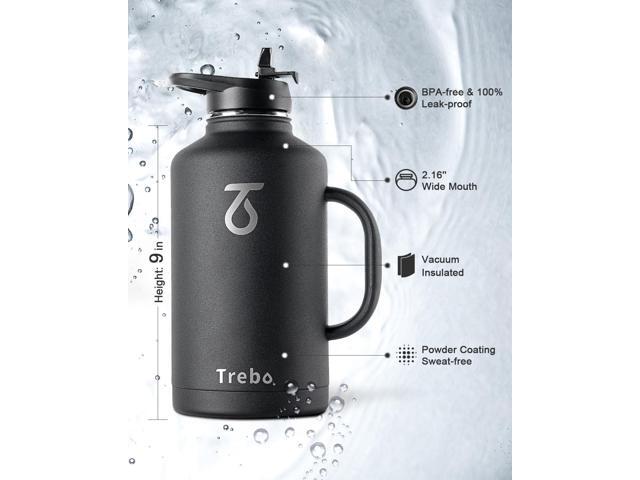 Trebo 64 oz Water Bottle Insulated with Handle, Half Gallon Stainless Steel Metal Large Water Jug, Travel Flask with Straw Spout Lid, Wide Mouth...