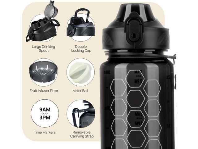 INEVIFIT 3-in-1 Sports Water Bottle 34oz 1L Hydration Tracking Water Bottles with Daily Time Marker BPA Free Tritan Leak Proof with Fruit Infuser...
