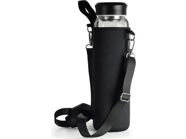 32 oz Clear Glass Water Bottles with Black Stainless Steel Lid - Wide Mouth Water Bottle with Sleeve and Strap (Black)